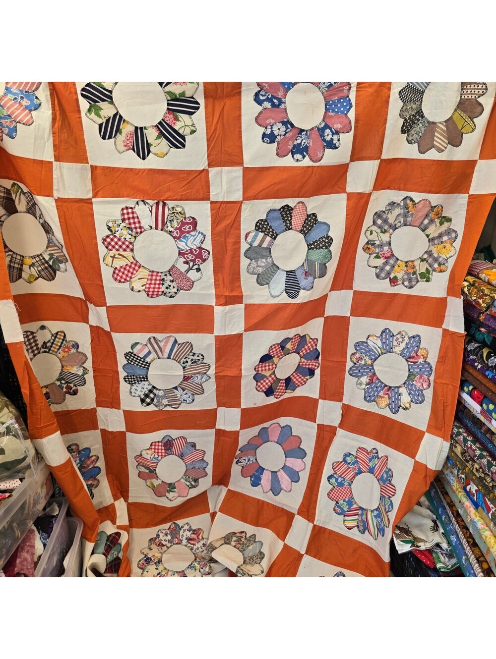 Q50 Vintage Handmade Patchwork Quilt TOP Orange and Floral Dresden Plate Design